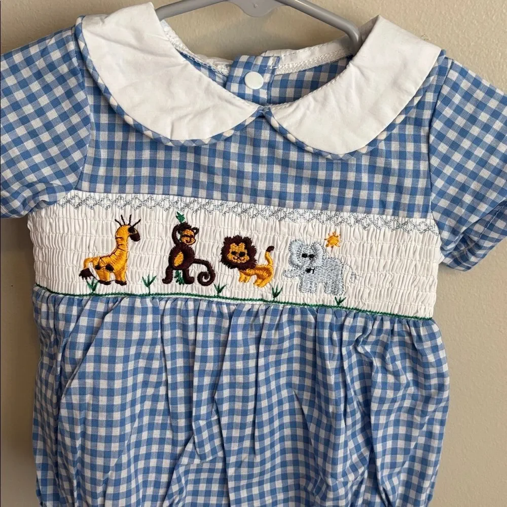 SHEIN Blue Checkered Baby Romper smocked zoo animals size 6-9 months